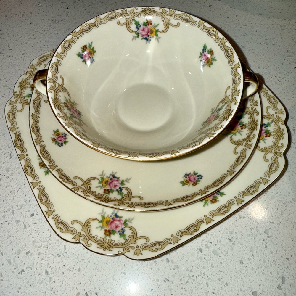 MZ Czechoslovakia- Moritz Zdekauer Floral Cups/Bowls & plates with Gold Trim